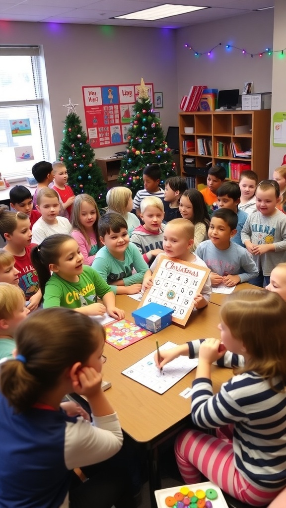 Children enjoying Christmas games in a decorated classroom.